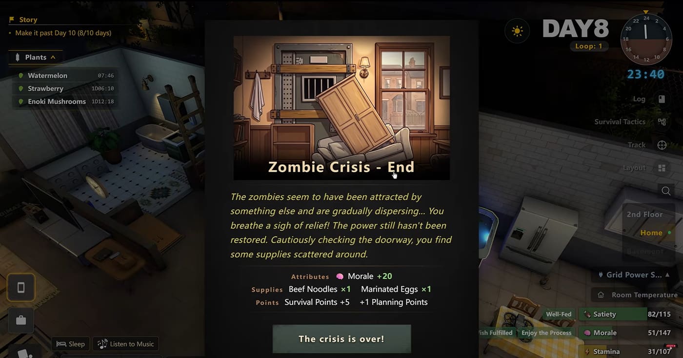 Zombie Crisis end screen on day 8
