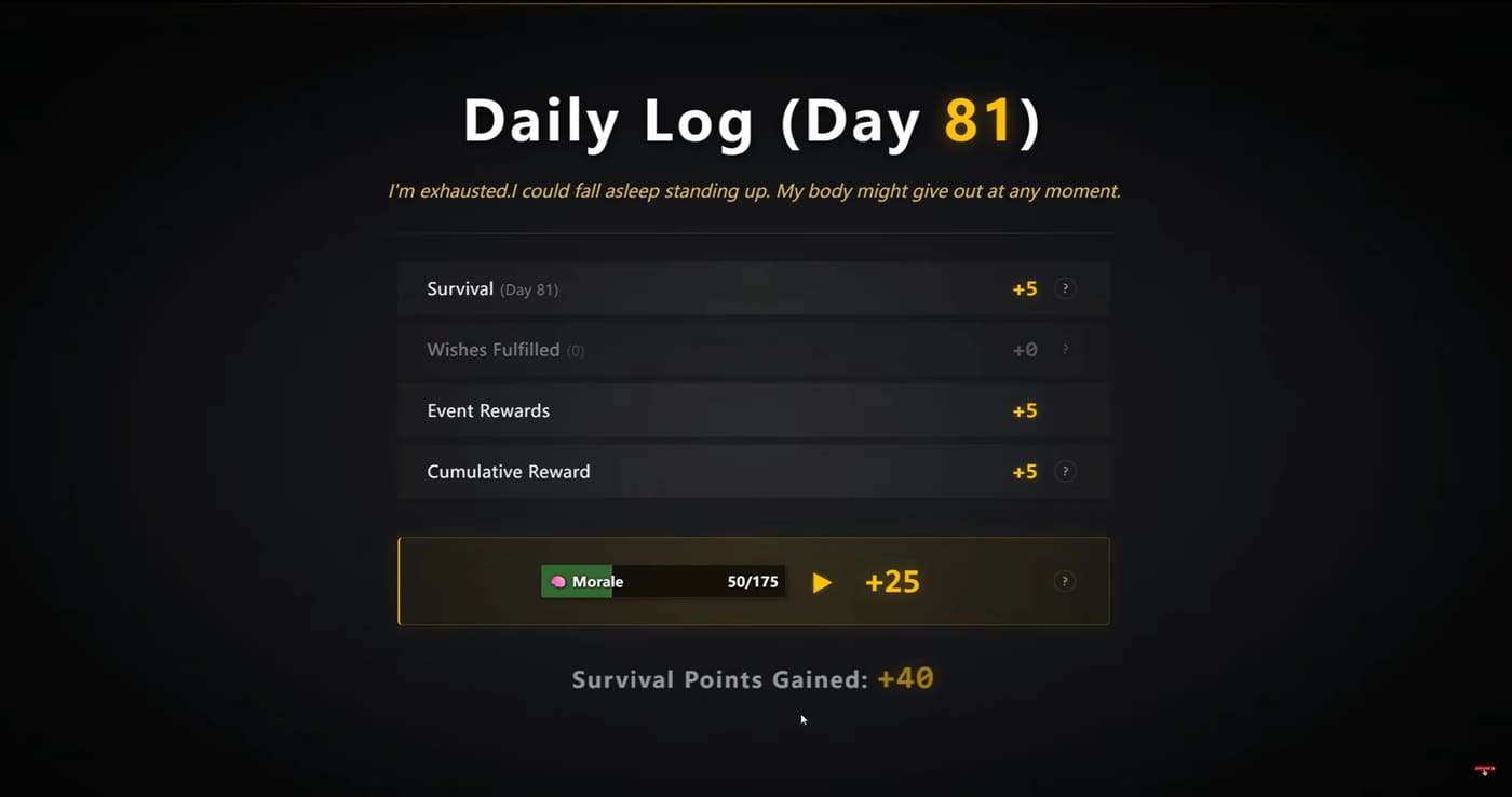 Daily Log on day 81 totaling +40 survival points