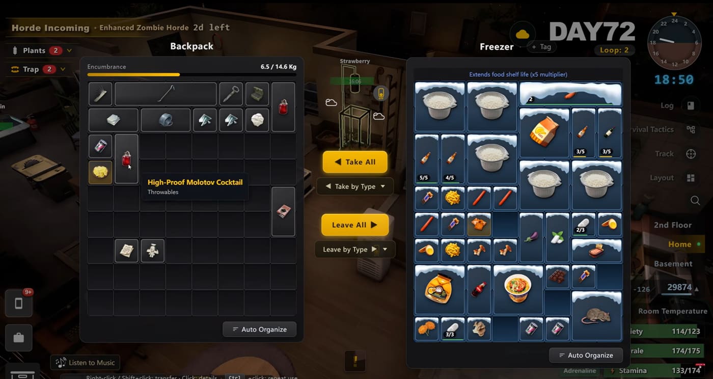 Freezer UI with ×5 shelf-life note and a High-Proof Molotov in the backpack