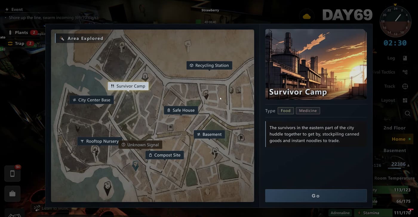 Late-game Area Explored map with Survivor Camp selected