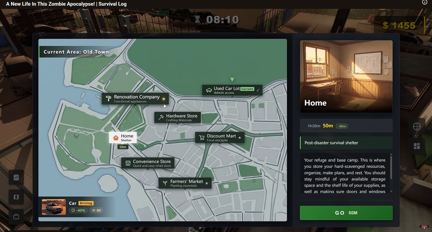 Old Town map with Home, car lot, renovation, and shops