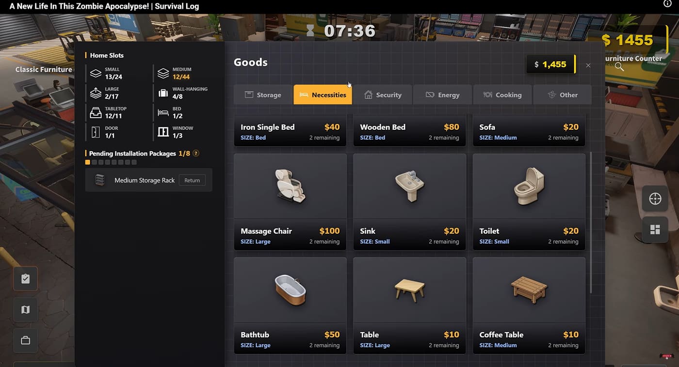 Renovation Company Necessities tab and home-slot counters